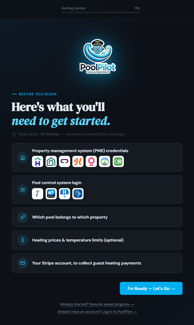 PoolPilot setup start page listing what you'll need