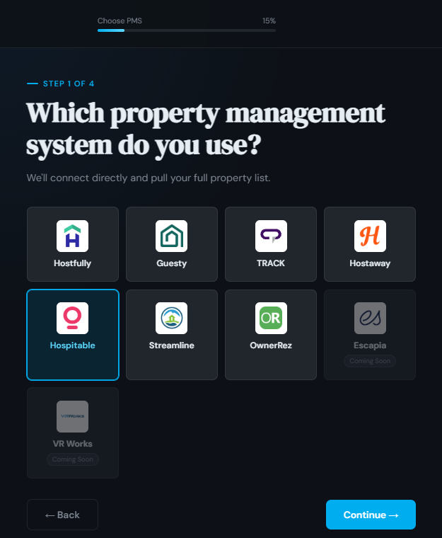 Property management system choices with Hospitable selected