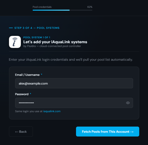 Pool system login form