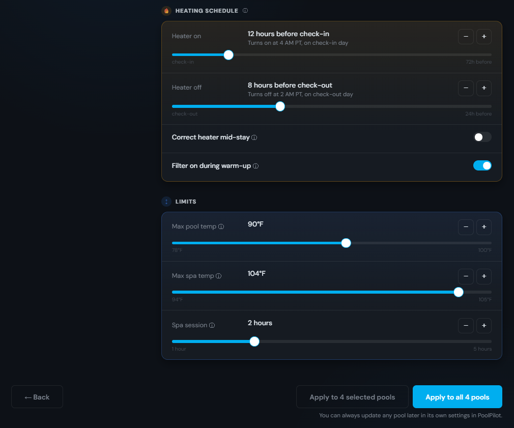 Heating schedule, temperature limits and Apply buttons