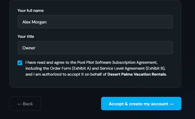 Name, title and acceptance checkbox